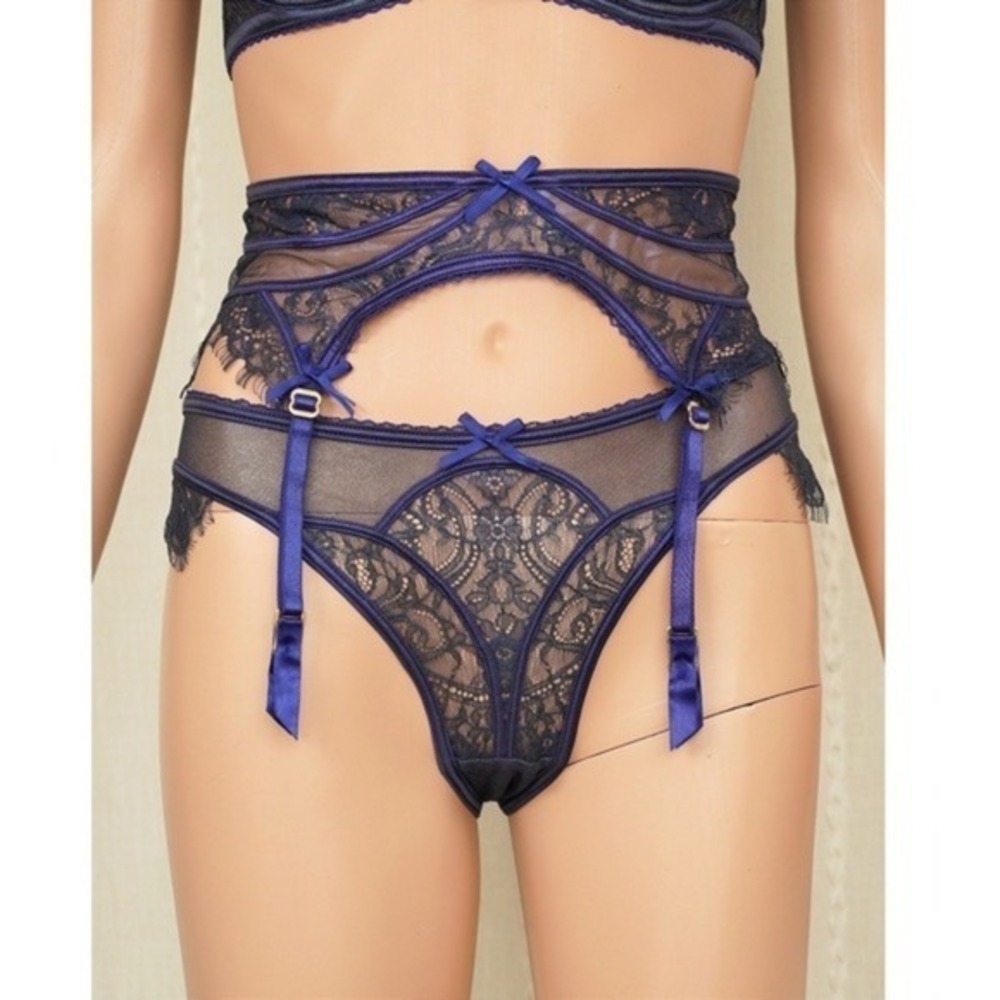 Honey Birdette Roisin Blue 4 pc set Bra 34D Garter Thong & Panty XS Blue Purple - Picture 7 of 16